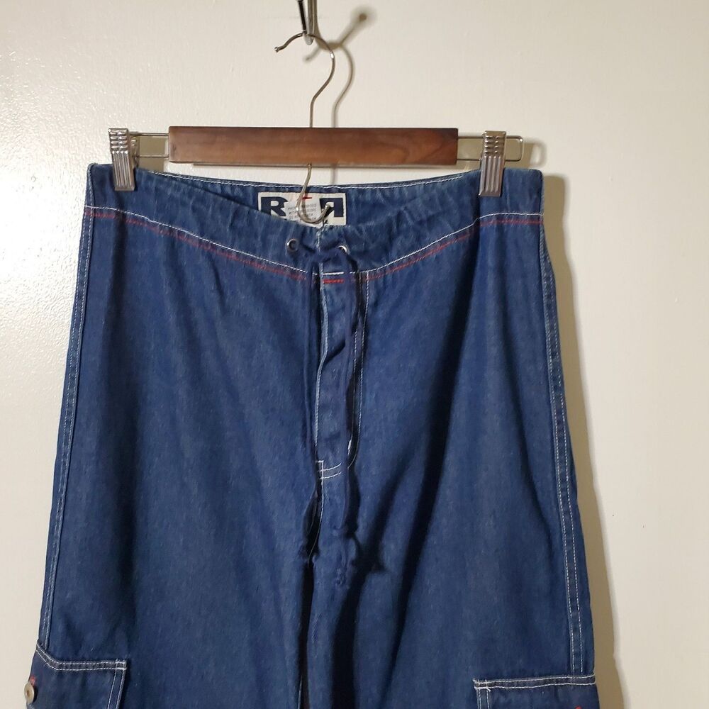 Vintage Rave 4 Real Cargo Jeans Size 7 Blue Y2K Baggy Utility Drawstring Womens - Picture 2 of 10